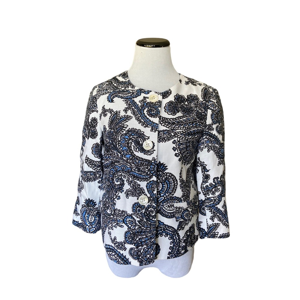 Talbots Cropped Paisley Jacket Blazer Size 4 Blue Swing Quiet Luxury Career wear